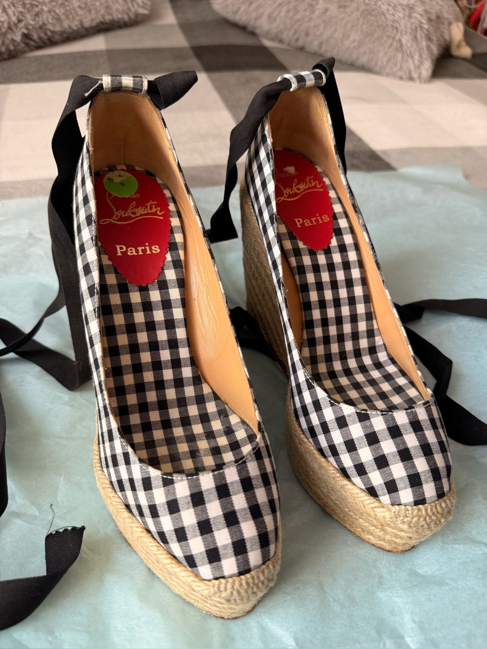 Christian Louboutin Black & White Gingham Espadrille Wedge Shoes 38
